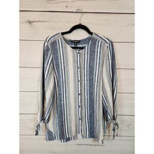 Ellen Tracy Womens Linen Blend Blue Striped 3/4 Sleeve‎ Button Front Blouse M
